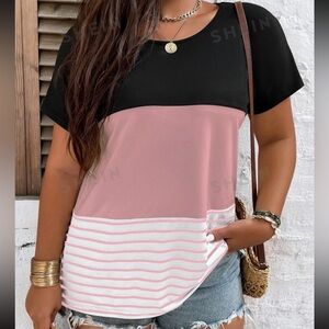 SHEIN Curve Striped Color Block Lace Tee